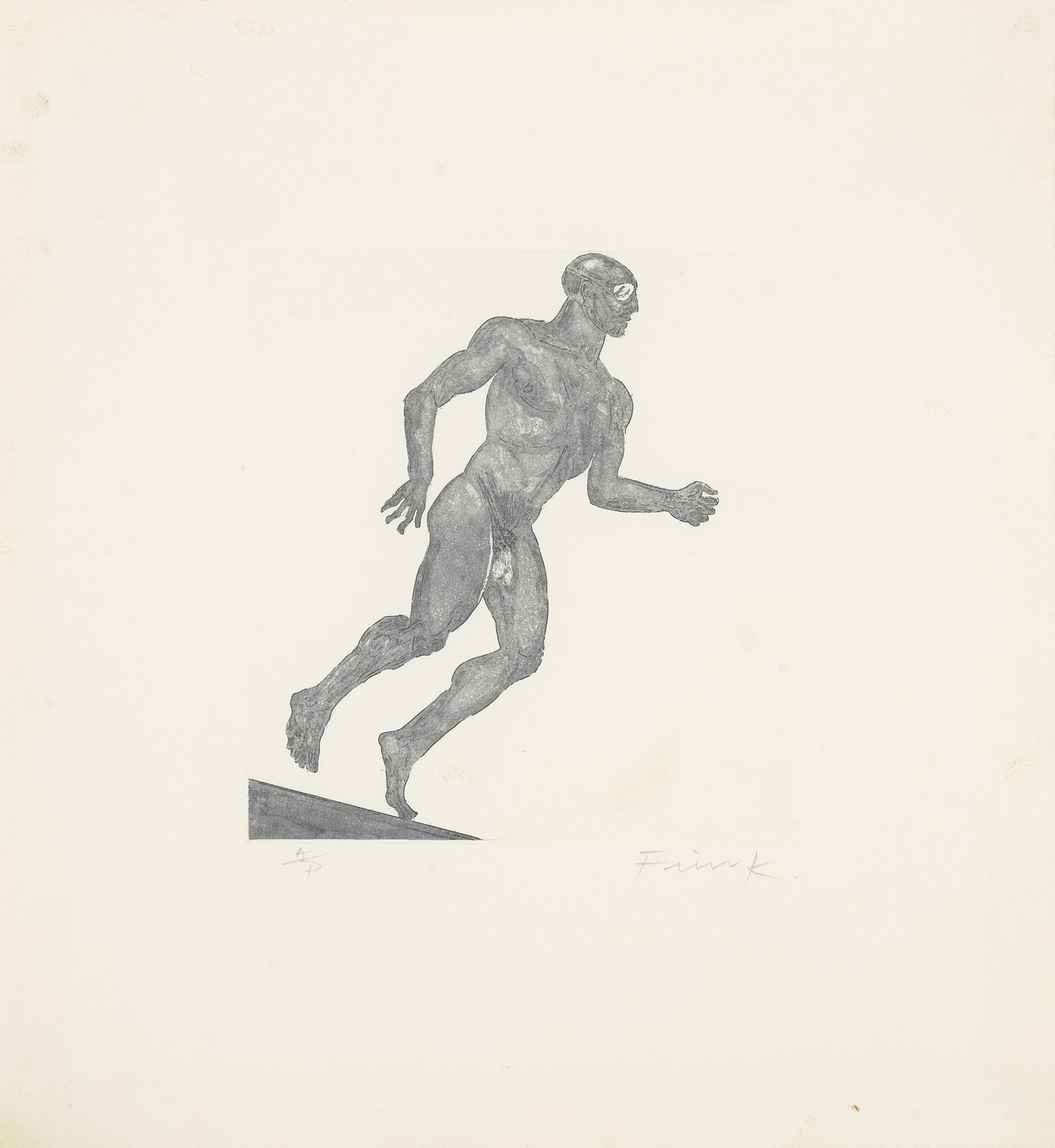 Dame Elisabeth Frink R.A. (British, 1930-1993) Running man Etching in grey, 1985, on Arches wove...