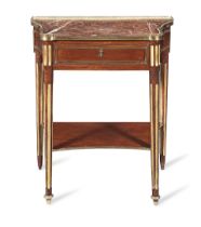 A small French late 19th century brass mounted mahogany and parcel gilt console desserte in the ...