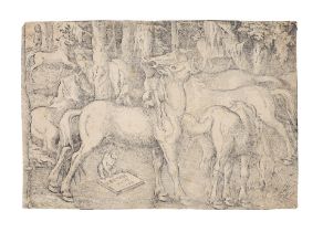 Hans Baldung (German, 1484-1545) Group of Seven Wild Horses and a Monkey Woodcut, 1534, on laid ...