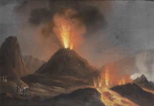 Neapolitan School, early 19th Century Mount Vesuvius erupting at night with figures looking on