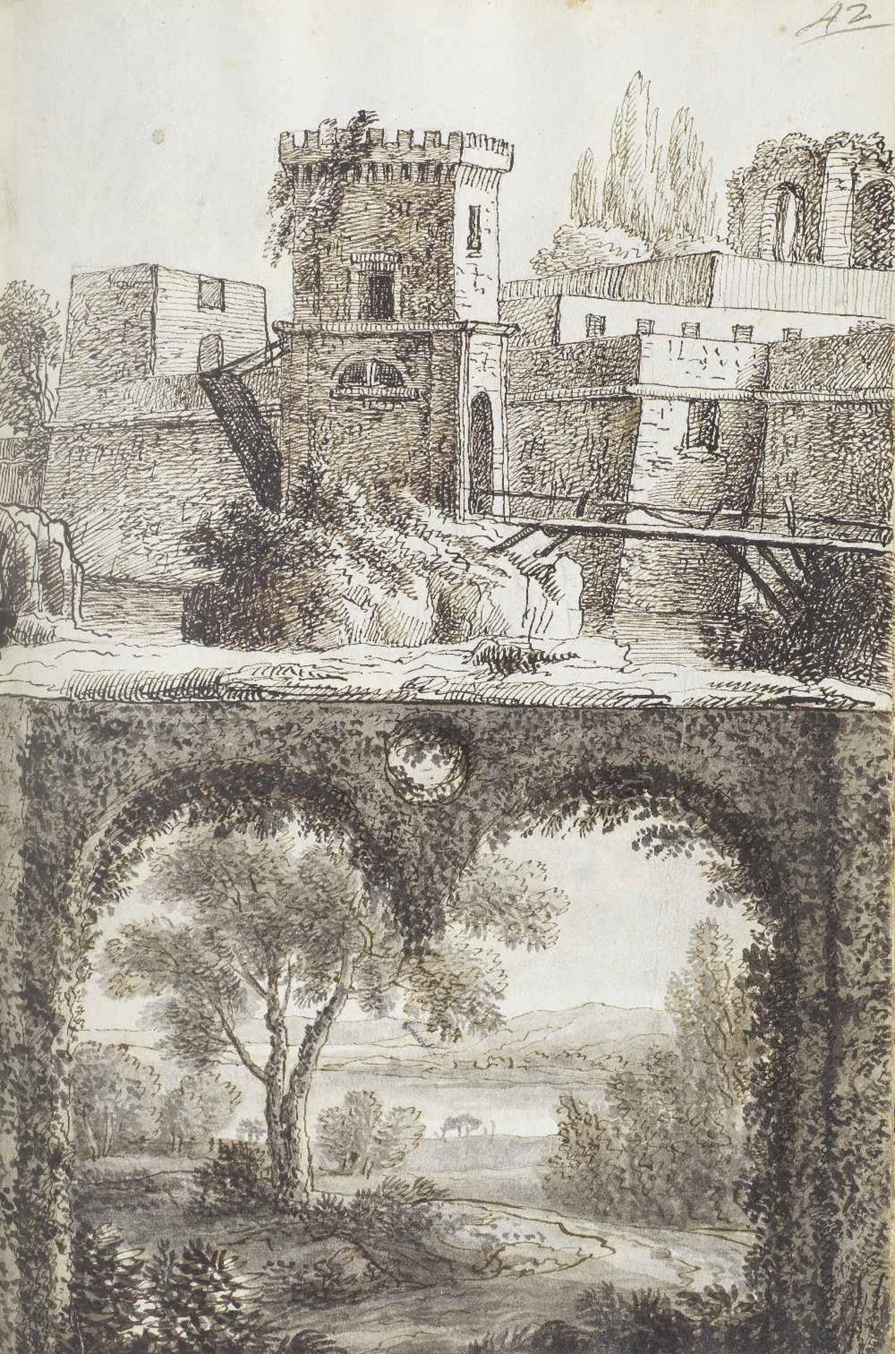 Italian School, circa 1770 An album of 88 pages containing drawings of Italianate landscape view...