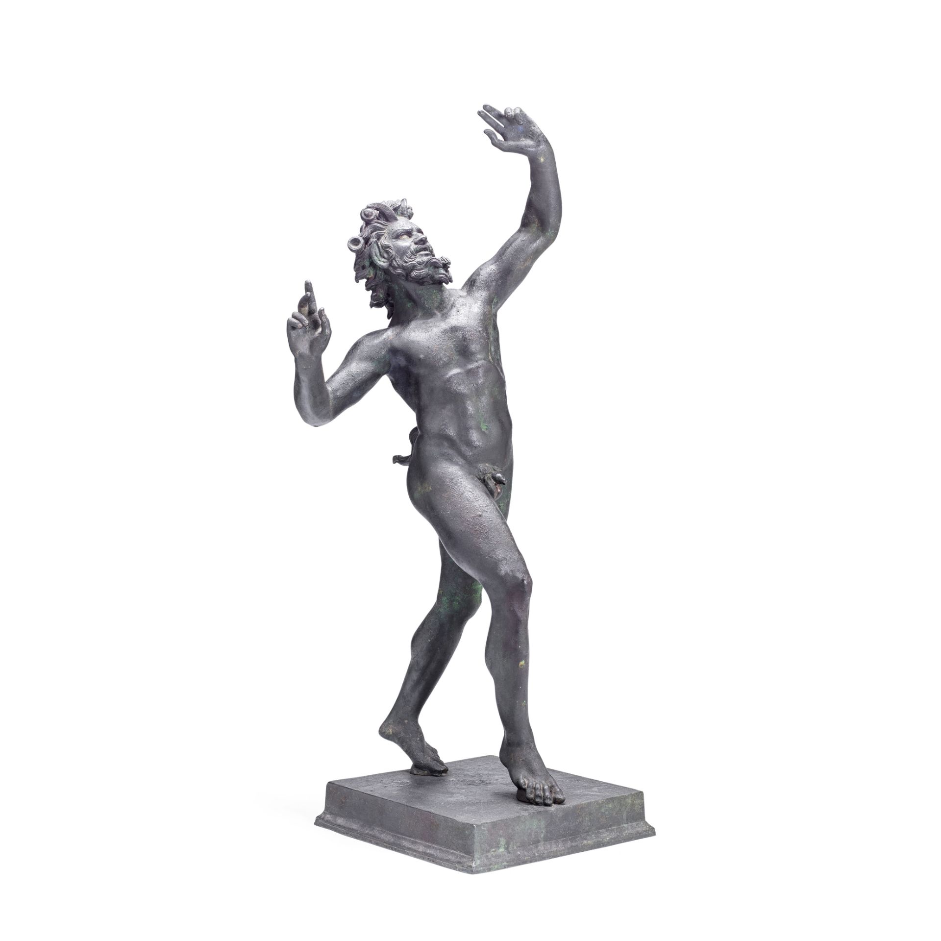 A late 19th century Italian green patinated bronze figure of The Dancing Faun probably Naples