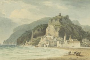 John 'Warwick' Smith (British, 1749-1831) View of Amalfi, on the Gulf of Salerno with figures in...