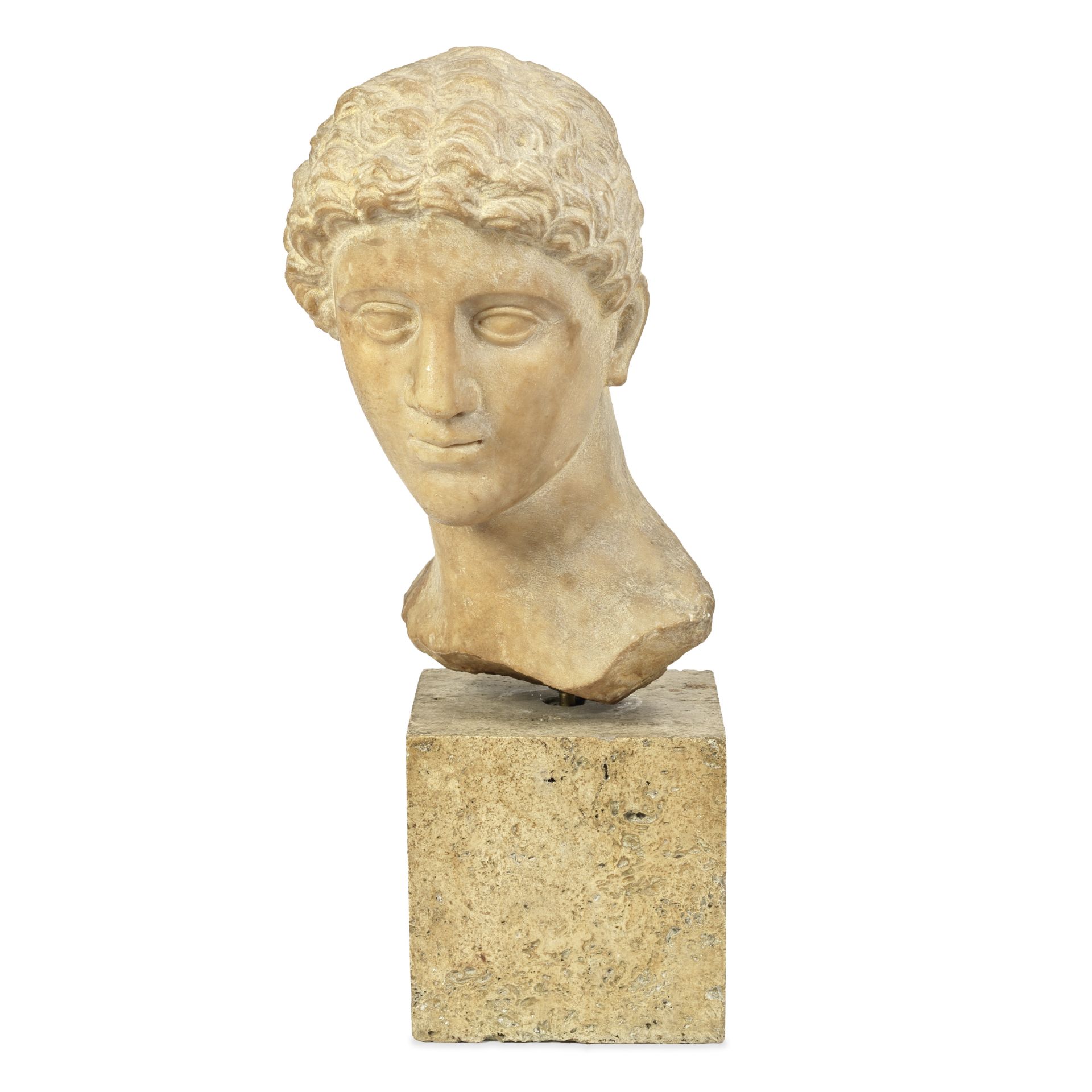 An Italian carved marble bust of the head of a classical male youth in the Renaissance taste, pr...