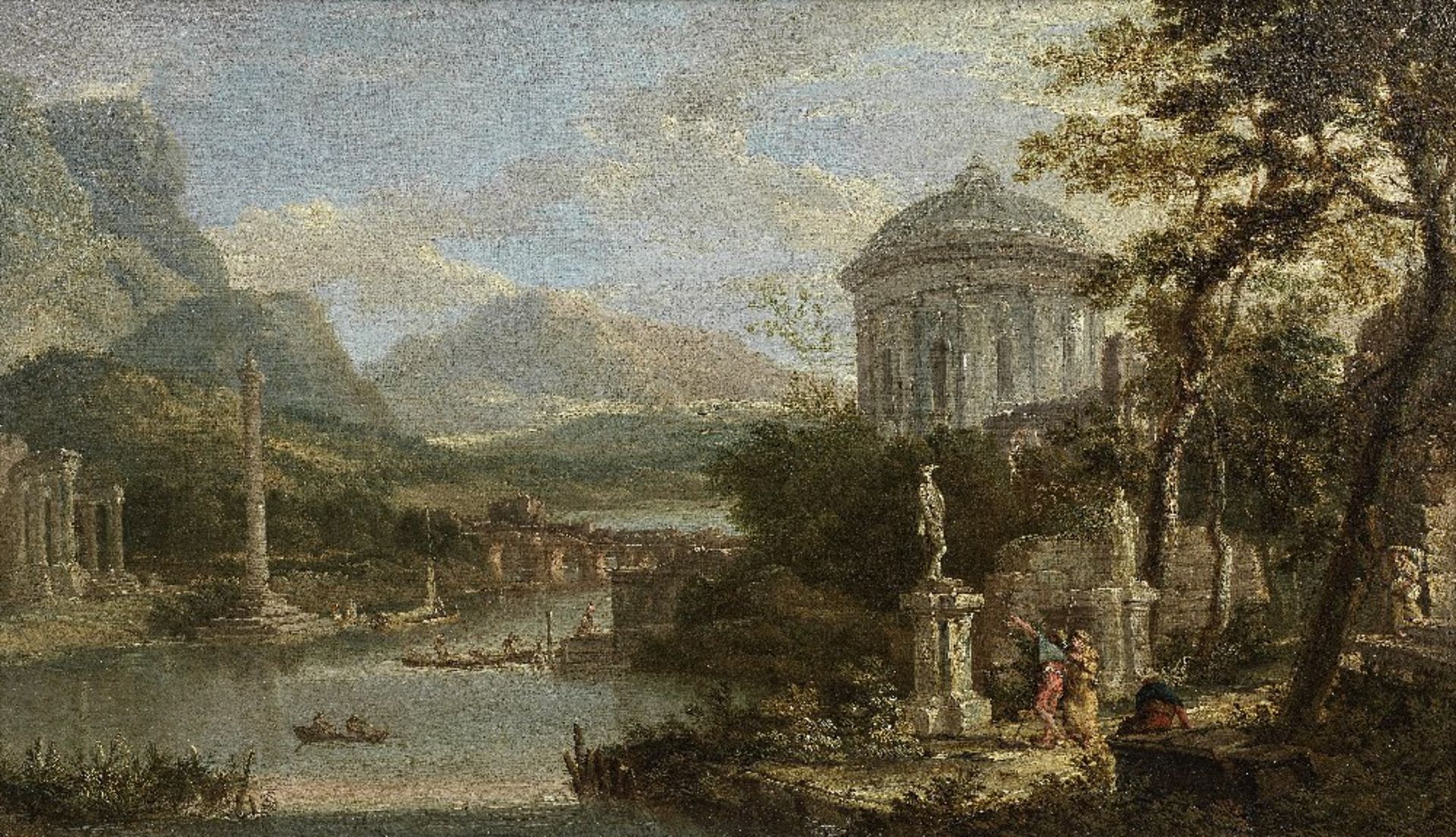 Willem van der Hagen (Dutch, 1690-1745) An extensive river landscape with an architectural capri...