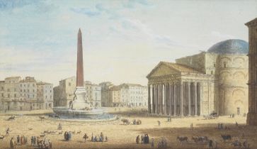 Italian School, circa 1790 A view of the Piazza della Rotonda, Rome with the Pantheon and numero...