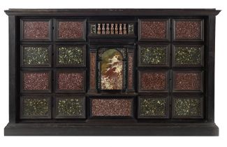 An Italian 19th century porphyry, porfido verde and marble inset ebony and ebonised cabinet inco...