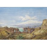 Gabriel Carelli (Italian, 1821-1900) The Amphitheatre at Taormina, with Etna in the distance