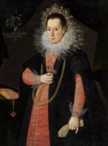 Northern Italian School, 16th Century Portrait of a lady, three-quarter-length, in a gold-embroi...