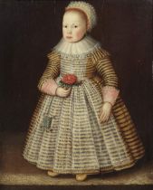 English School, 1626 Portrait of Miss Shafto, full-length, in a gold and black striped dress, st...