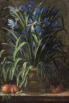 School of Valencia, early 18th Century A terracotta vase of irises on a stone ledge with pomegra...