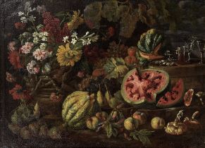 Circle of Christian Berentz (Hamburg 1658-1722 Rome) A still life with glassware on a wooden box...