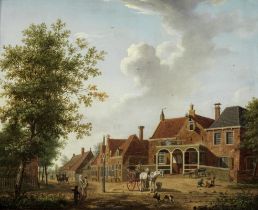 Isaac Ouwater (Amsterdam 1748-1793) Figures and a wagon outside an inn