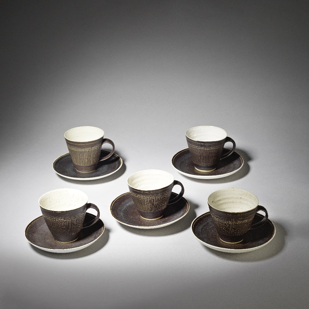 LUCIE RIE & HANS COPER (AUSTRIAN-BRITISH, 1902-1995 & GERMAN, 1920-1981) Five cups and saucers, ...
