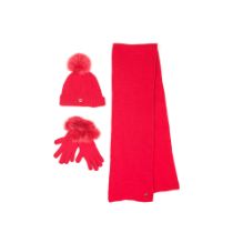 Loro Piana: a Red Knitted Cashmere Rougemont Scarf, Gloves and Hat Set (includes original tag)