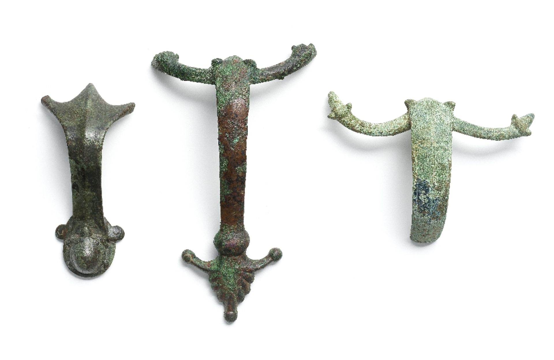 Three Greek bronze oinochoe handles 3