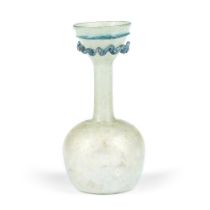 A Late Roman pale green glass flask with turquoise collar