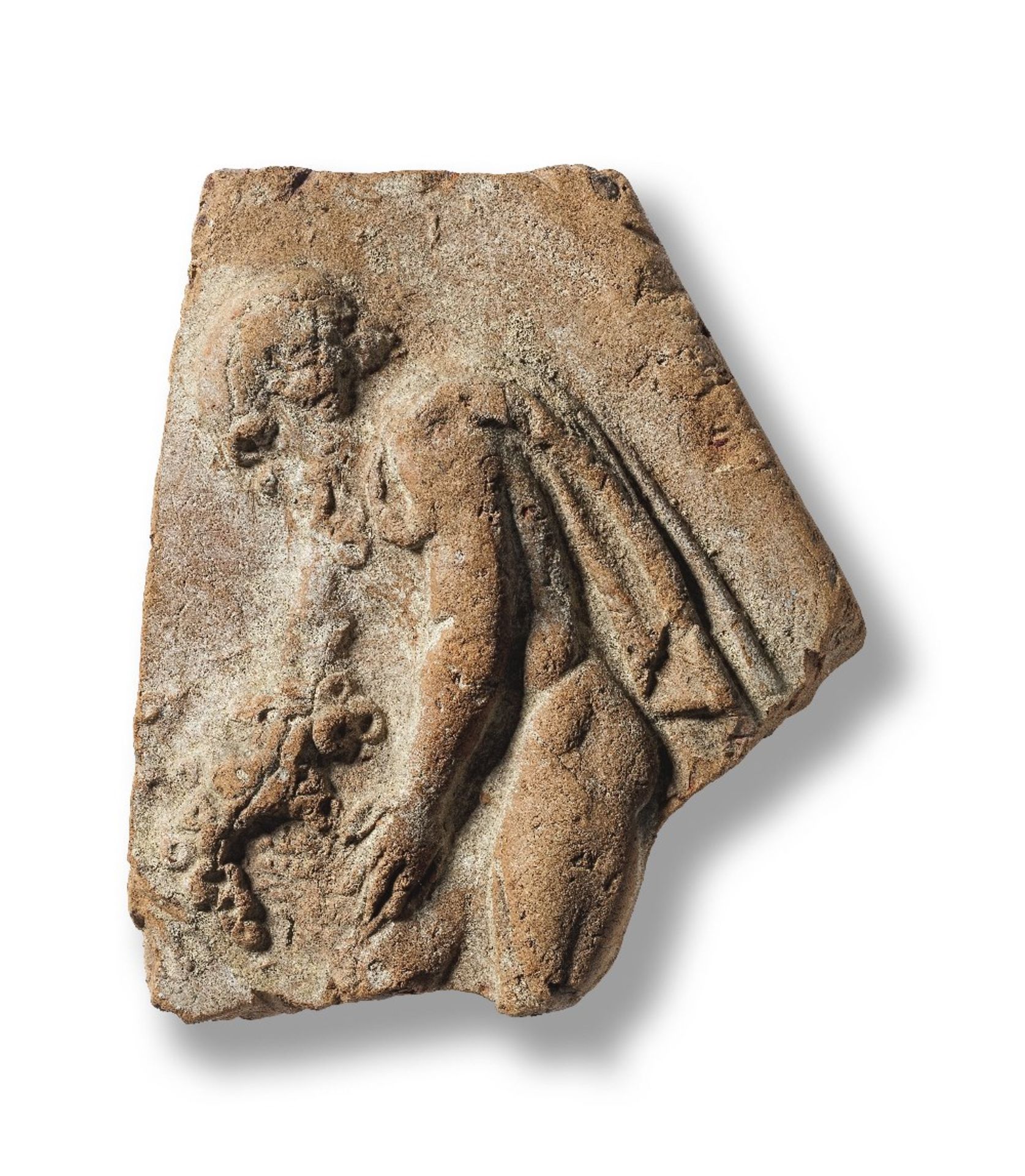 A Campana terracotta relief fragment of a satyr with a basket of grapes