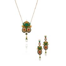 ERNESTO PIERRET: RENAISSANCE REVIVAL EMERALD, RUBY, PEARL AND ENAMEL PENDANT AND EARRING SUITE (2)