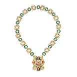 ALDEBERT: CORAL, CHRYSOPRASE AND DIAMOND-SET SAUTOIR/BRACELET/BROOCH COMBINATION, CIRCA 1970