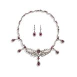 RUBY AND DIAMOND NECKLACE AND PENDENT EARRING SUITE, CIRCA 1890