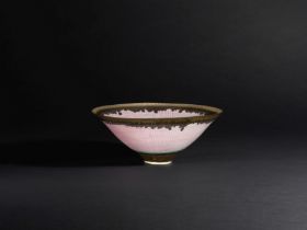 LUCIE RIE (1902-1995) Footed bowl, circa 1980Porcelain, inlaid pink radiating lines, turquoise a...