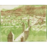 Claude Flight (British, 1881-1955) Le Pont Voluntr&#233;, Cahors, Lot Linocut printed in emerald...
