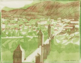 Claude Flight (British, 1881-1955) Le Pont Voluntr&#233;, Cahors, Lot Linocut printed in emerald...