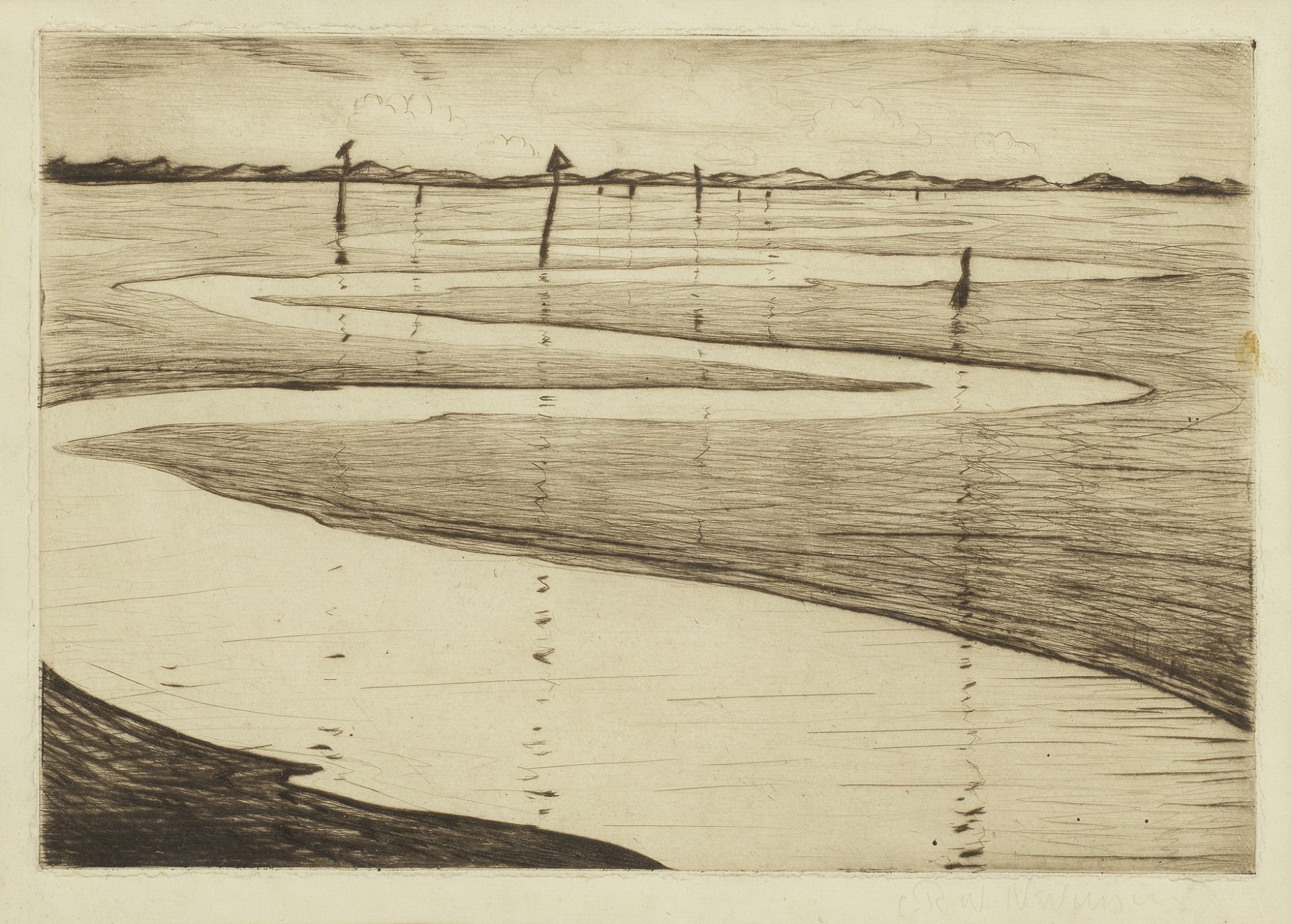 Christopher Richard Wynne Nevinson A.R.A. (British, 1889-1946) The Estuary (The Silvery Estuary,...