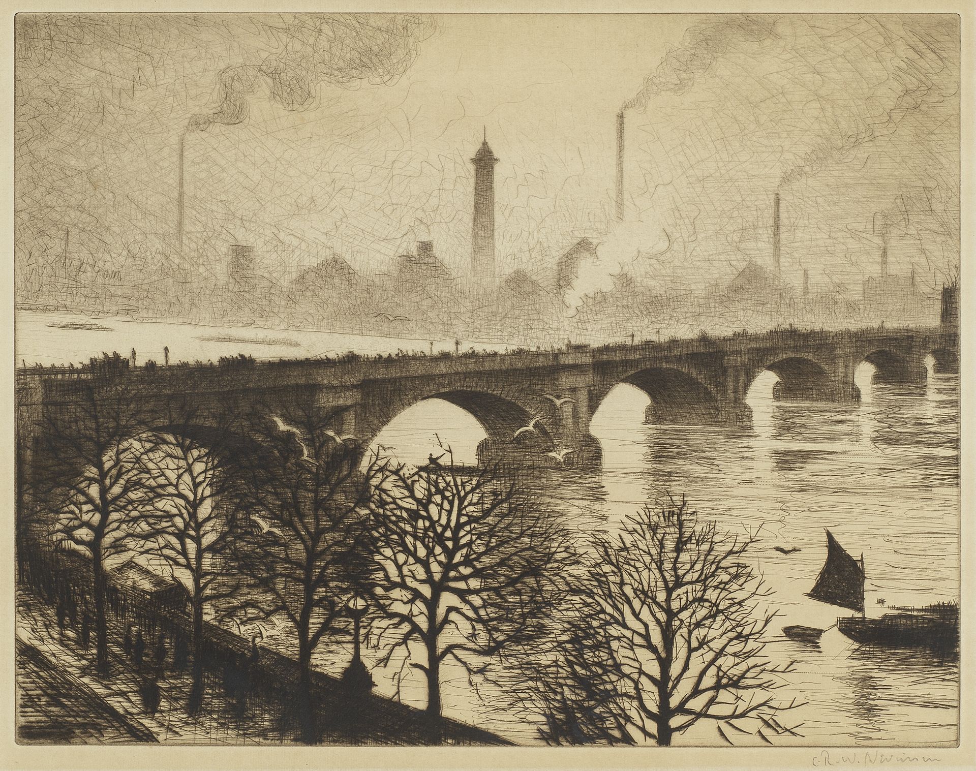 Christopher Richard Wynne Nevinson A.R.A. (British, 1889-1946) Waterloo Bridge from a Savoy Wind...