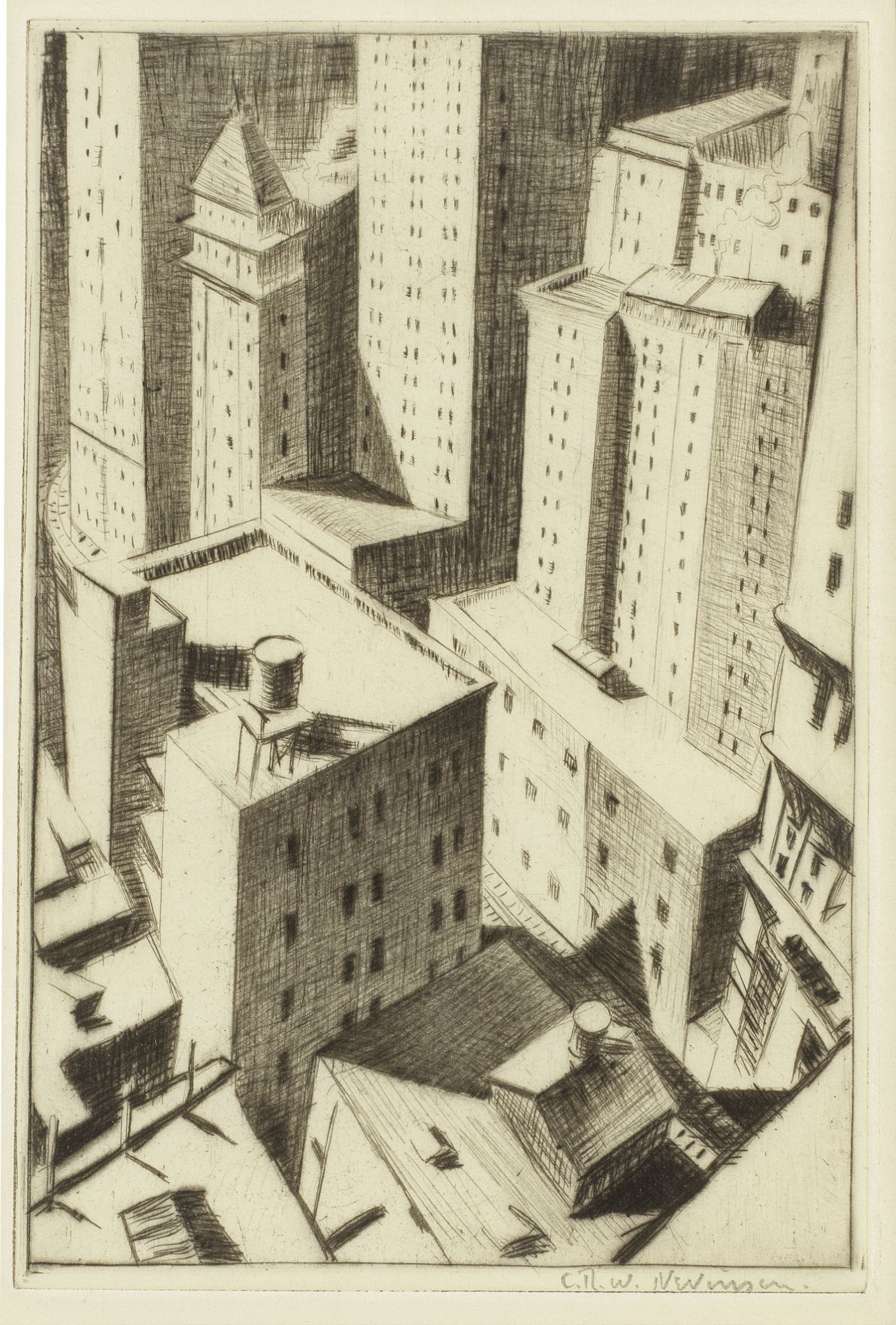 Christopher Richard Wynne Nevinson A.R.A. (British, 1889-1946) Looking Down on Down Town from th...