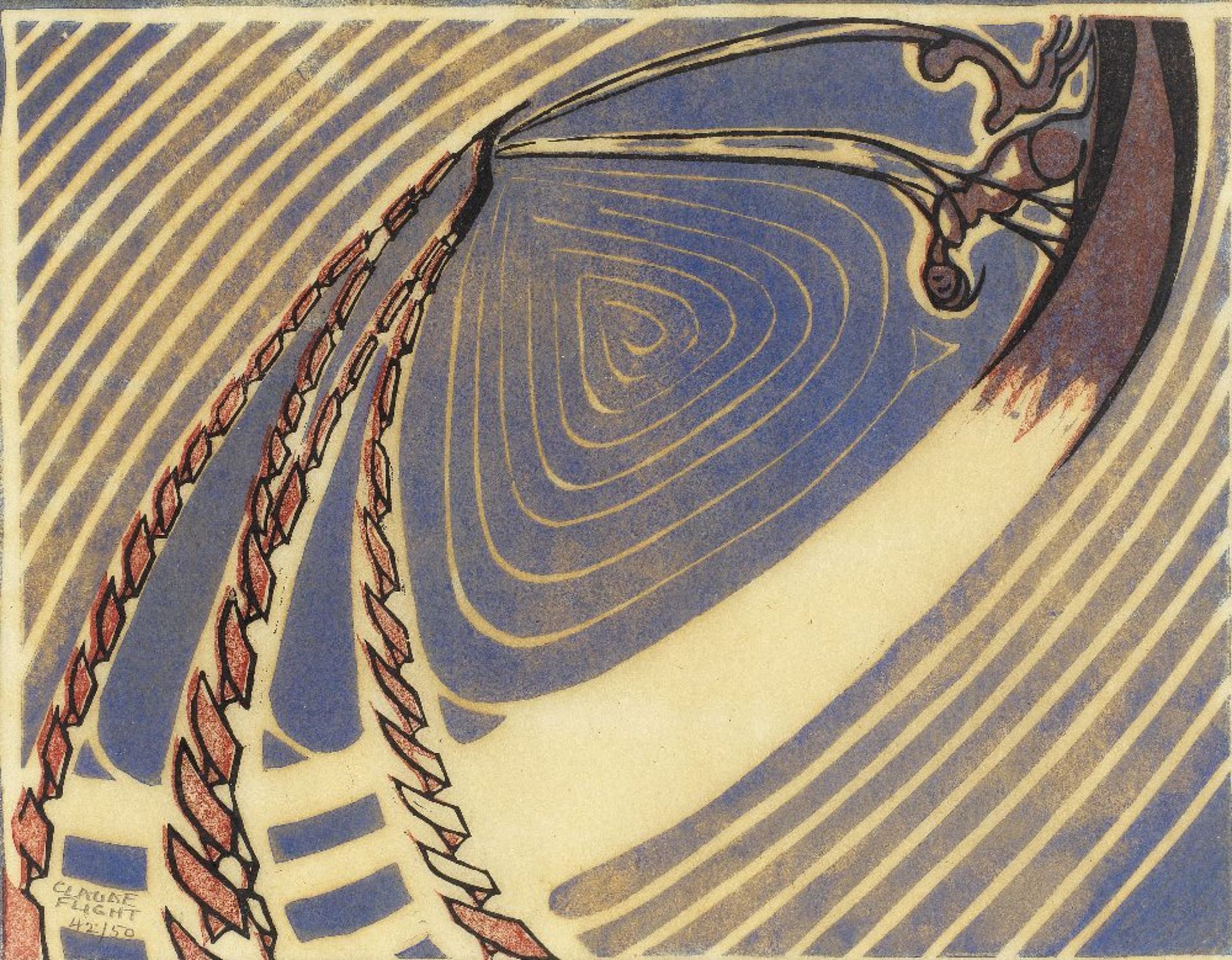 Claude Flight (British, 1881-1955) Swing-boats Linocut printed in cobalt blue, crimson and black...