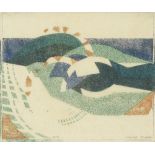 Claude Flight (British, 1881-1955) Breaking Waves Linocut printed in vermilion, cobalt blue and ...