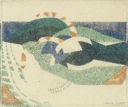 Claude Flight (British, 1881-1955) Breaking Waves Linocut printed in vermilion, cobalt blue and ...