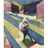 Claude Flight (British, 1881-1955) Lawn Mowing Linocut printed in cobalt blue, olive green, and...