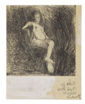Frank Auerbach (British, born 1931) Nude seated on a folding chair, from Six Drypoints of the Nu...