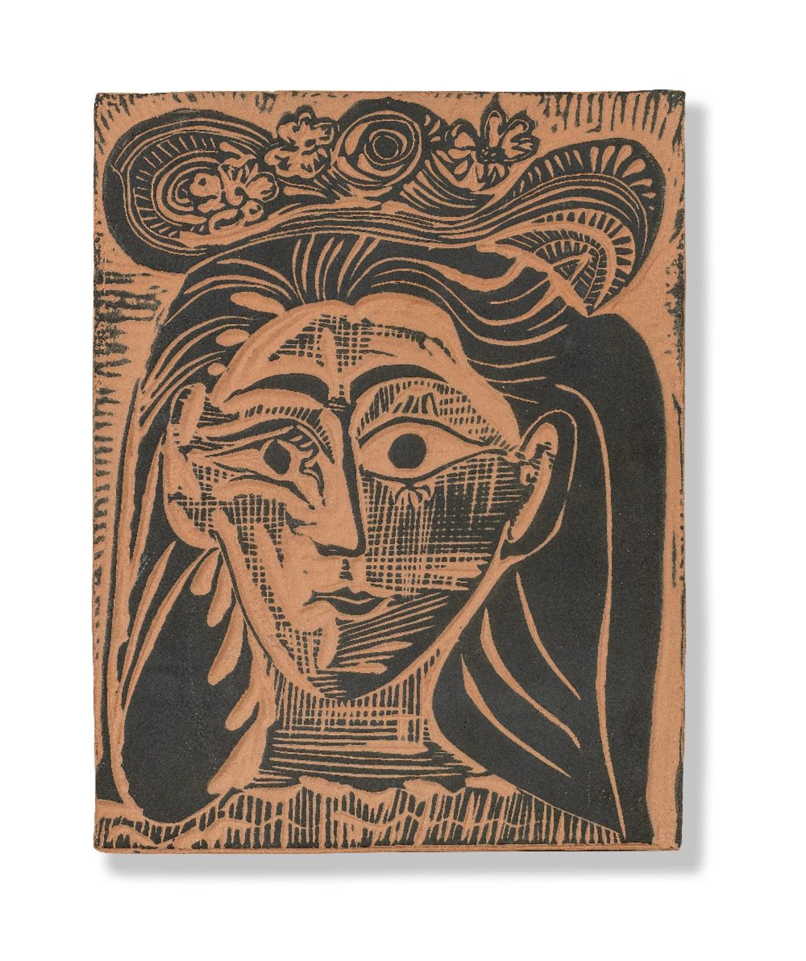 Pablo Picasso (Spanish, 1881-1973) Femme au chapeau fleuri stamped and numbered Madoura Plein Fe...