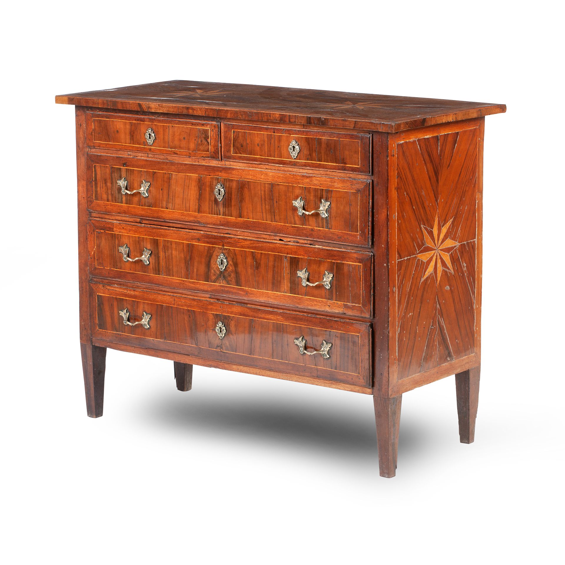 A late 18th/19th century Maltese fruitwood and walnut marquetry commode