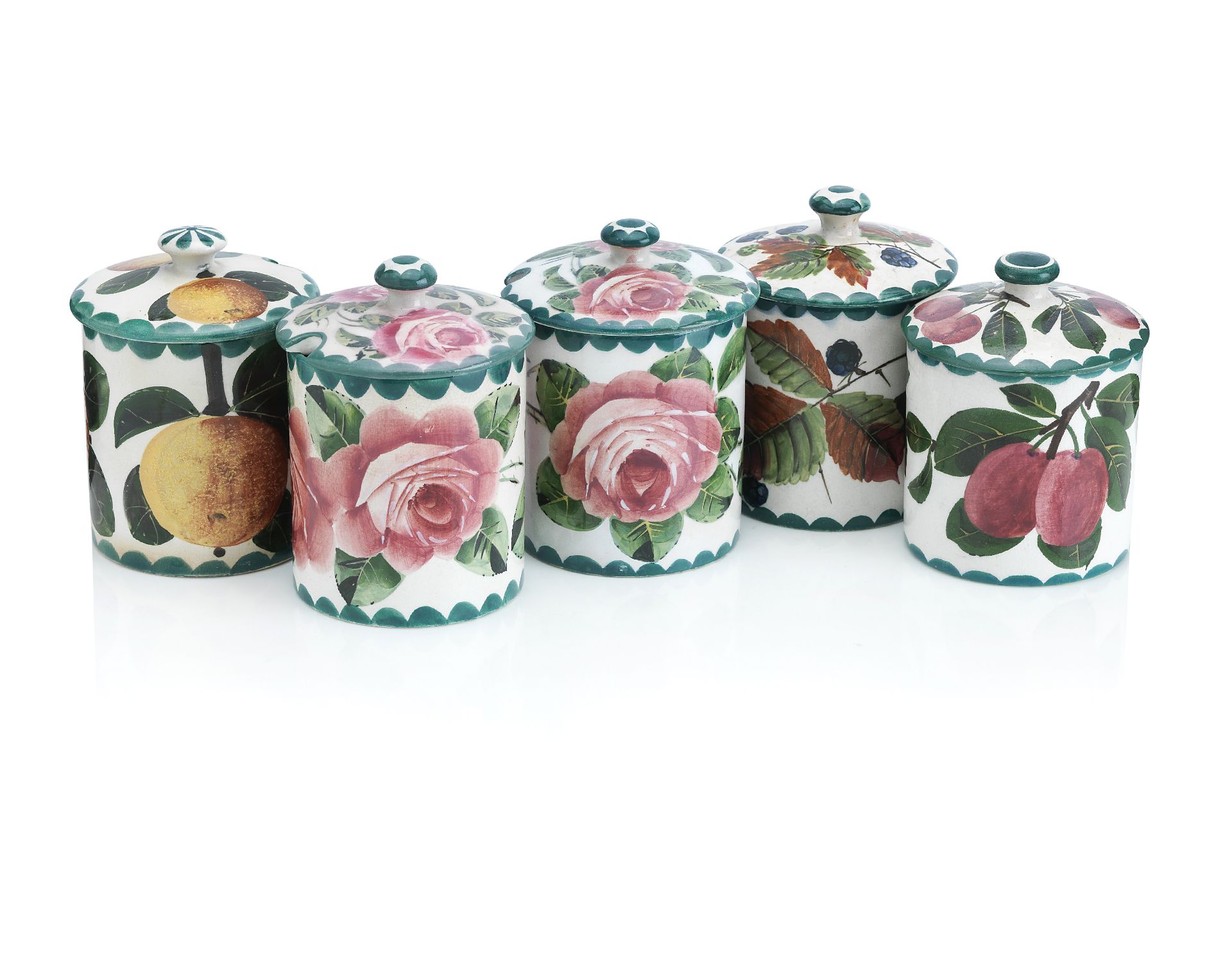 A collection of five Wemyss Preserve jars and covers