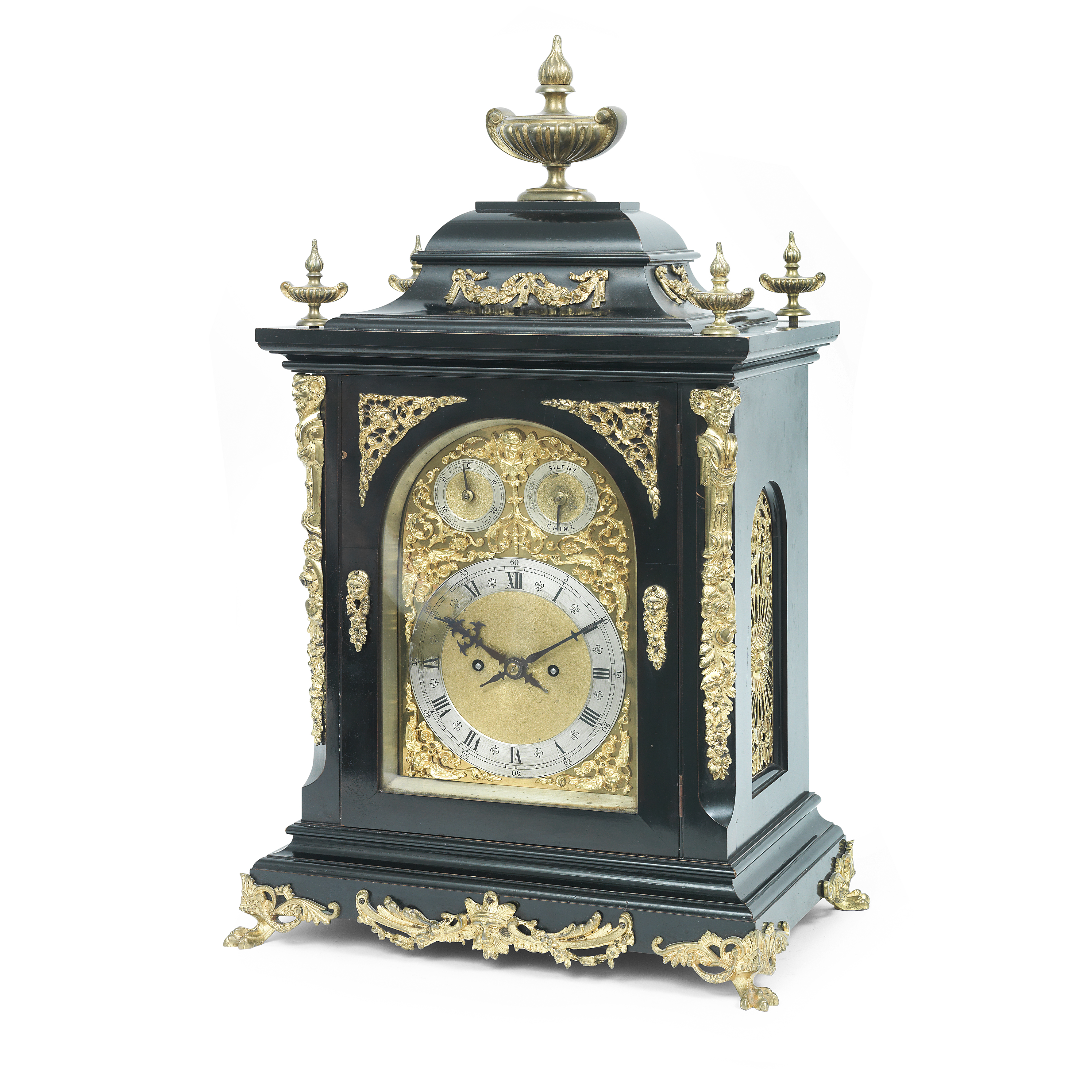 A late 19th early 20th century gilt metal and ebonised bracket clock