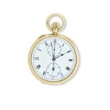An 18K gold split seconds open face chronograph pocket watch Case stamped 10331, Import marks fo...
