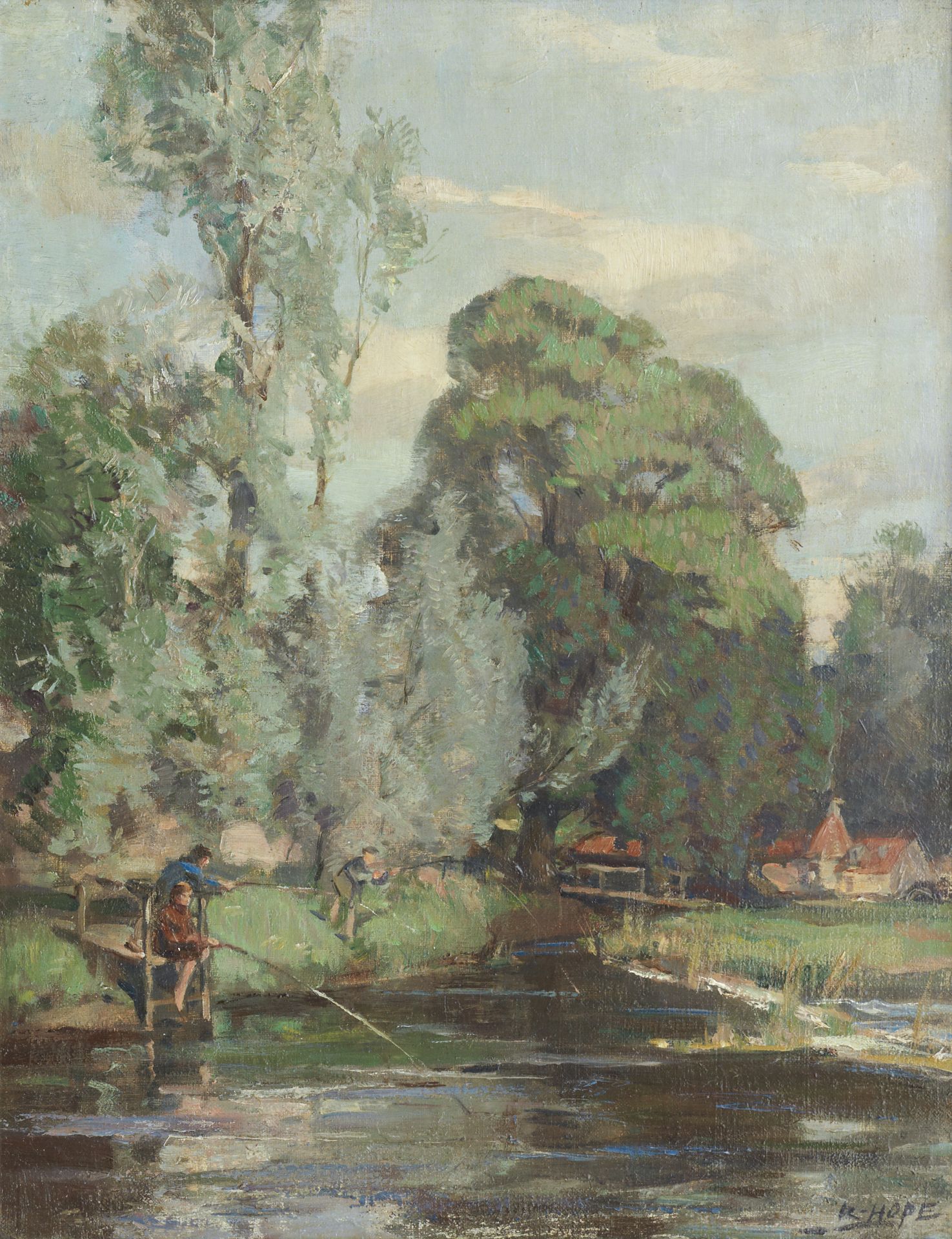 Robert Hope RSA (British, 1869-1936) Fishing by a riverside