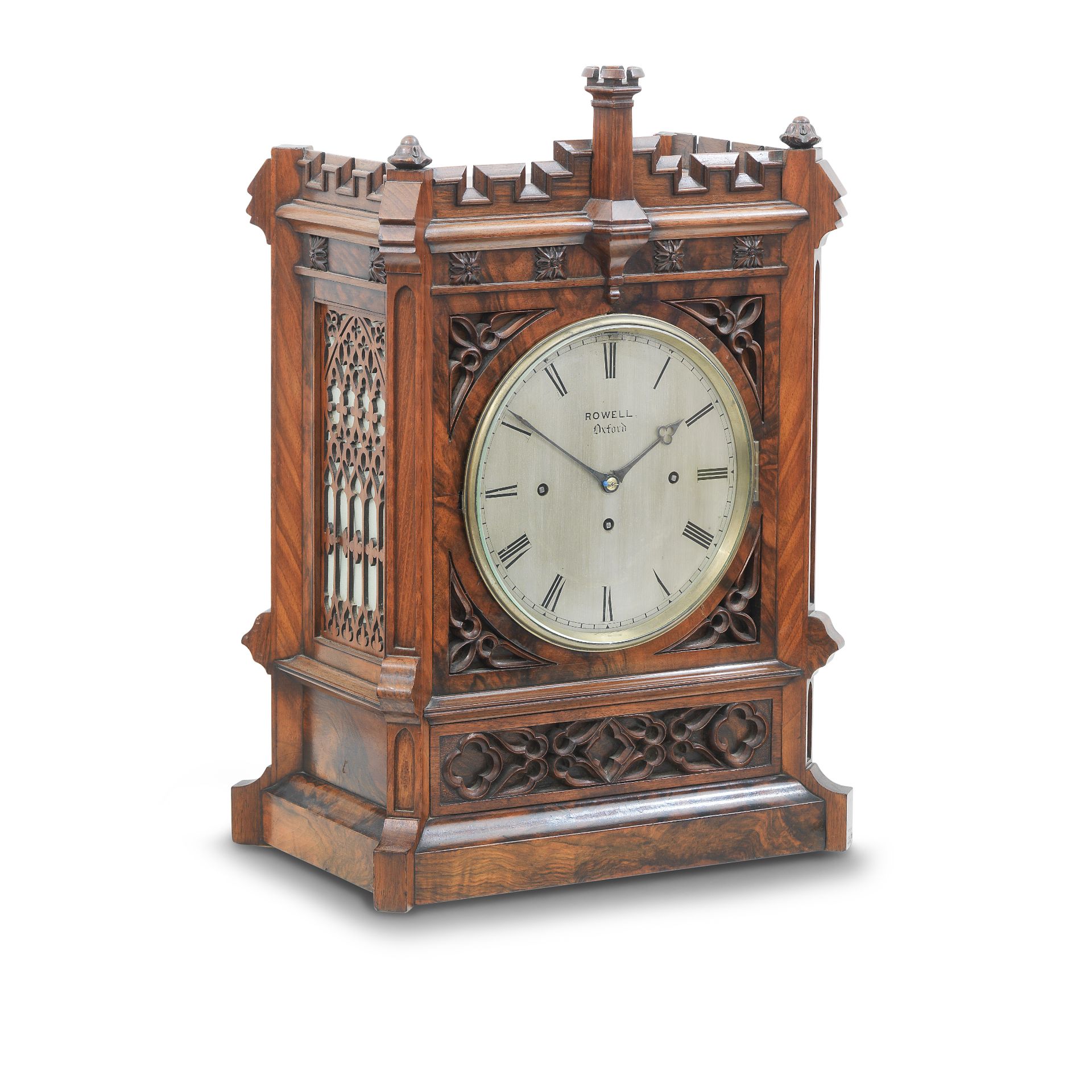 A 19th century 'gothic' walnut mantle Clock Inscribed Rowell of Oxford