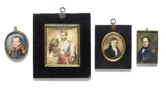 Four English school portrait miniatures By artists including B. Maguire and Miss L. Shark, circa...