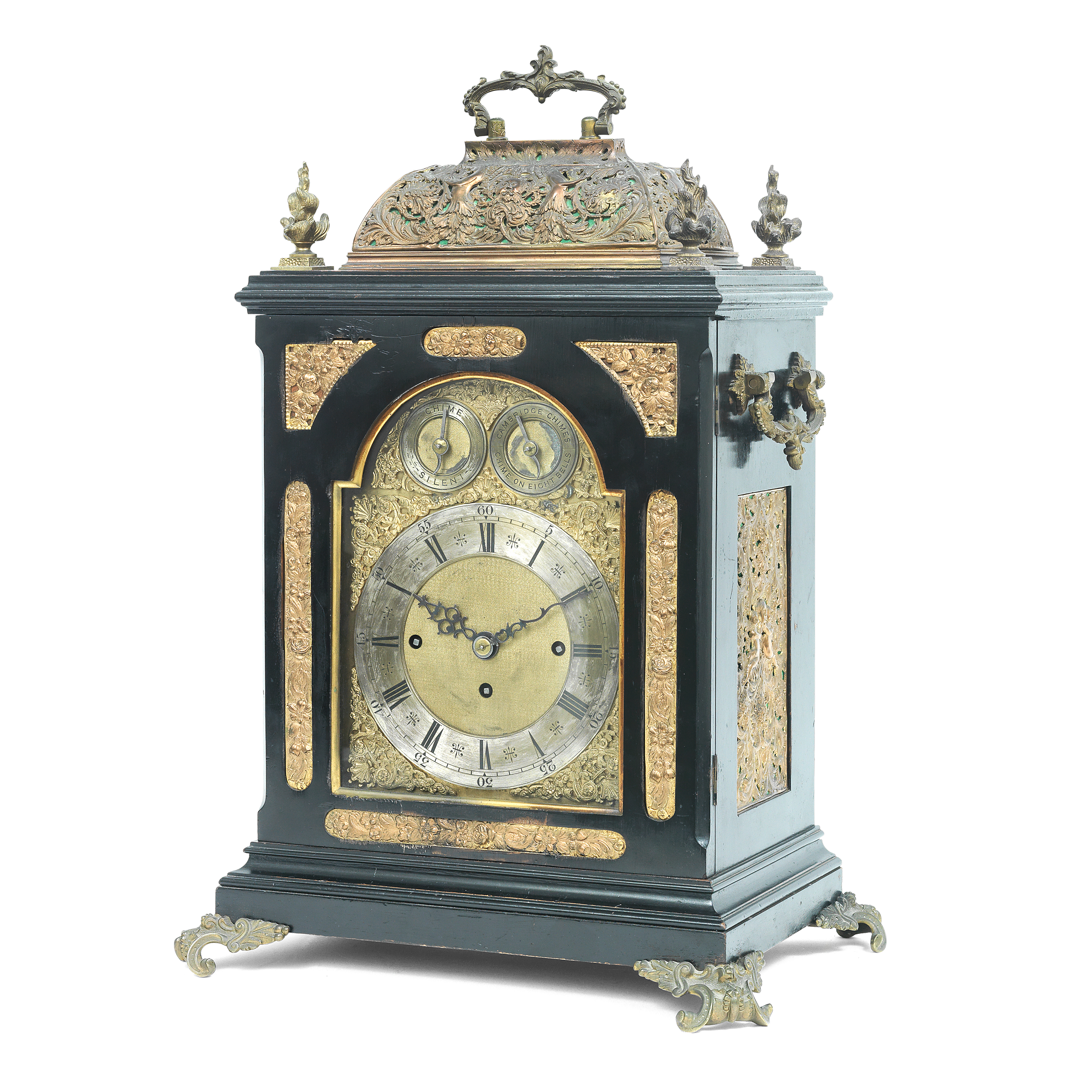 A 19th century ebonised and gilt metal mounted quarter striking bracket clock