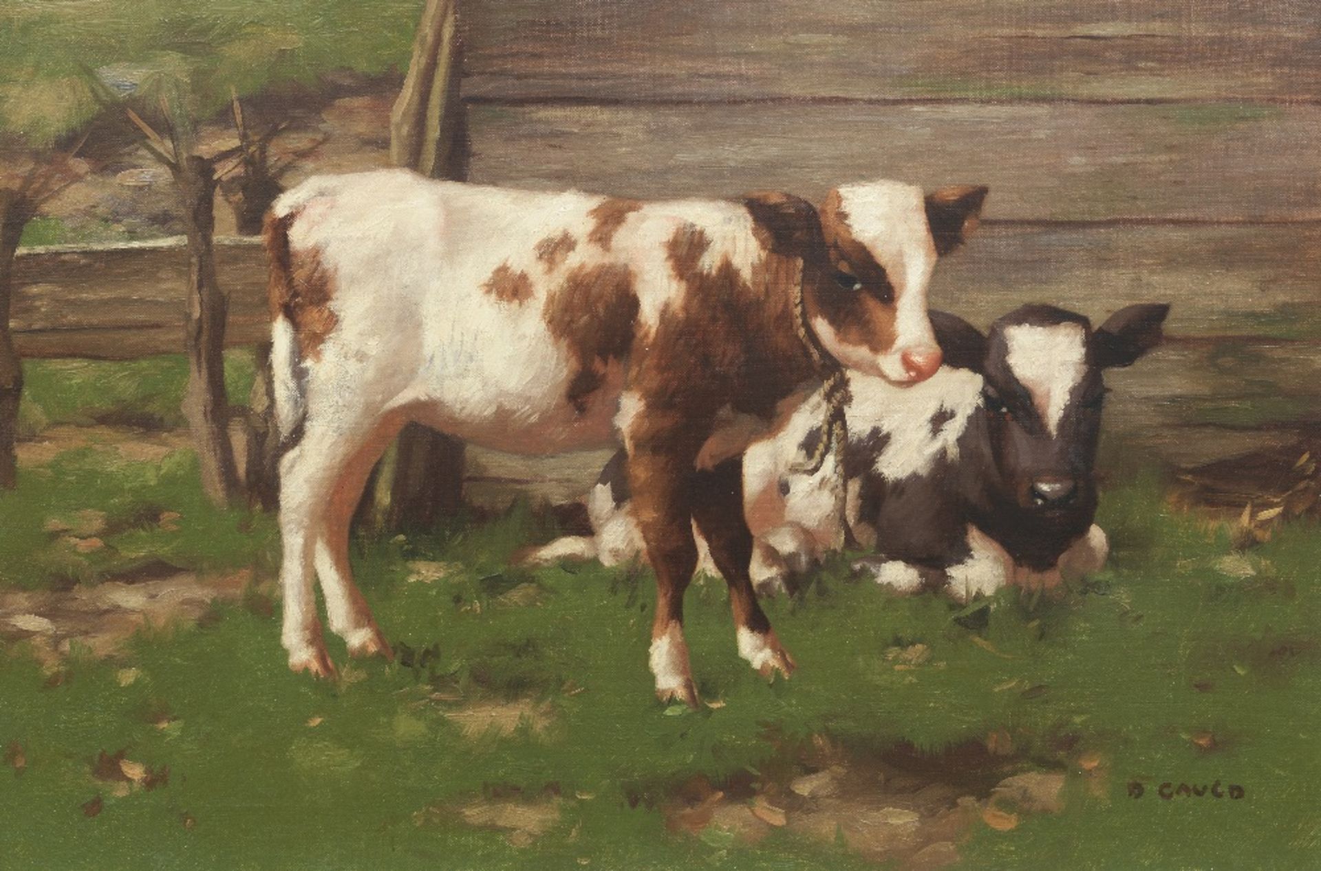 David Gauld RSA (British, 1865-1936) Calves Outside a Barn