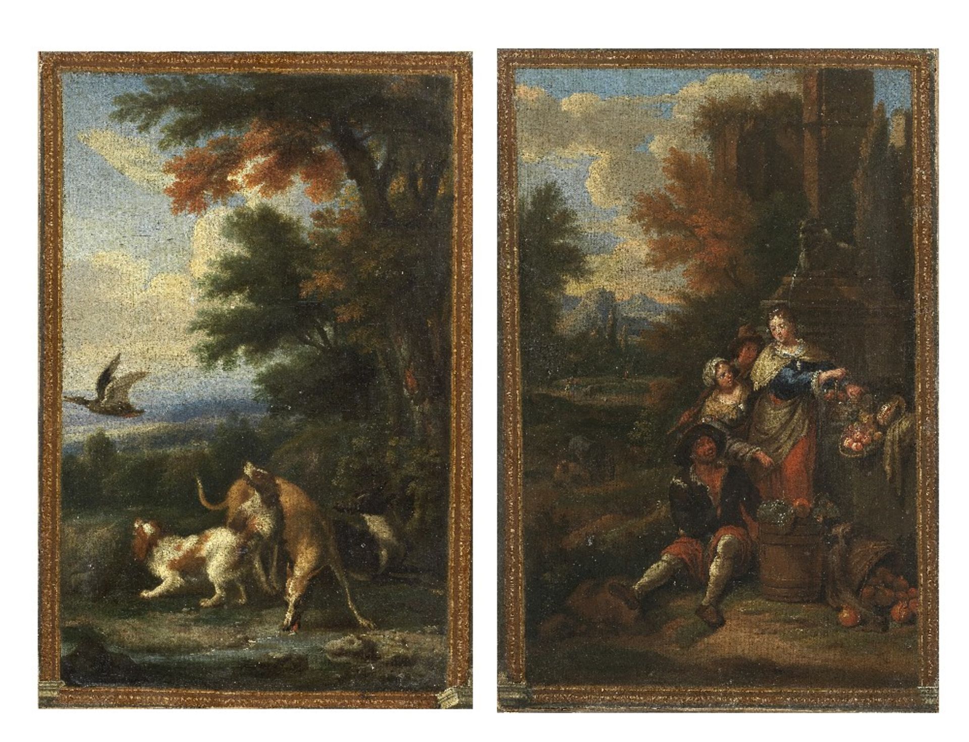 Circle of Pieter Andreas Rysbrack (Paris 1690-1748 London) A fruit seller; Dogs flushing a duck ...