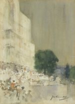 James Watterston Herald (British, 1859-1914) Crowds outside building with recumbent lion statues