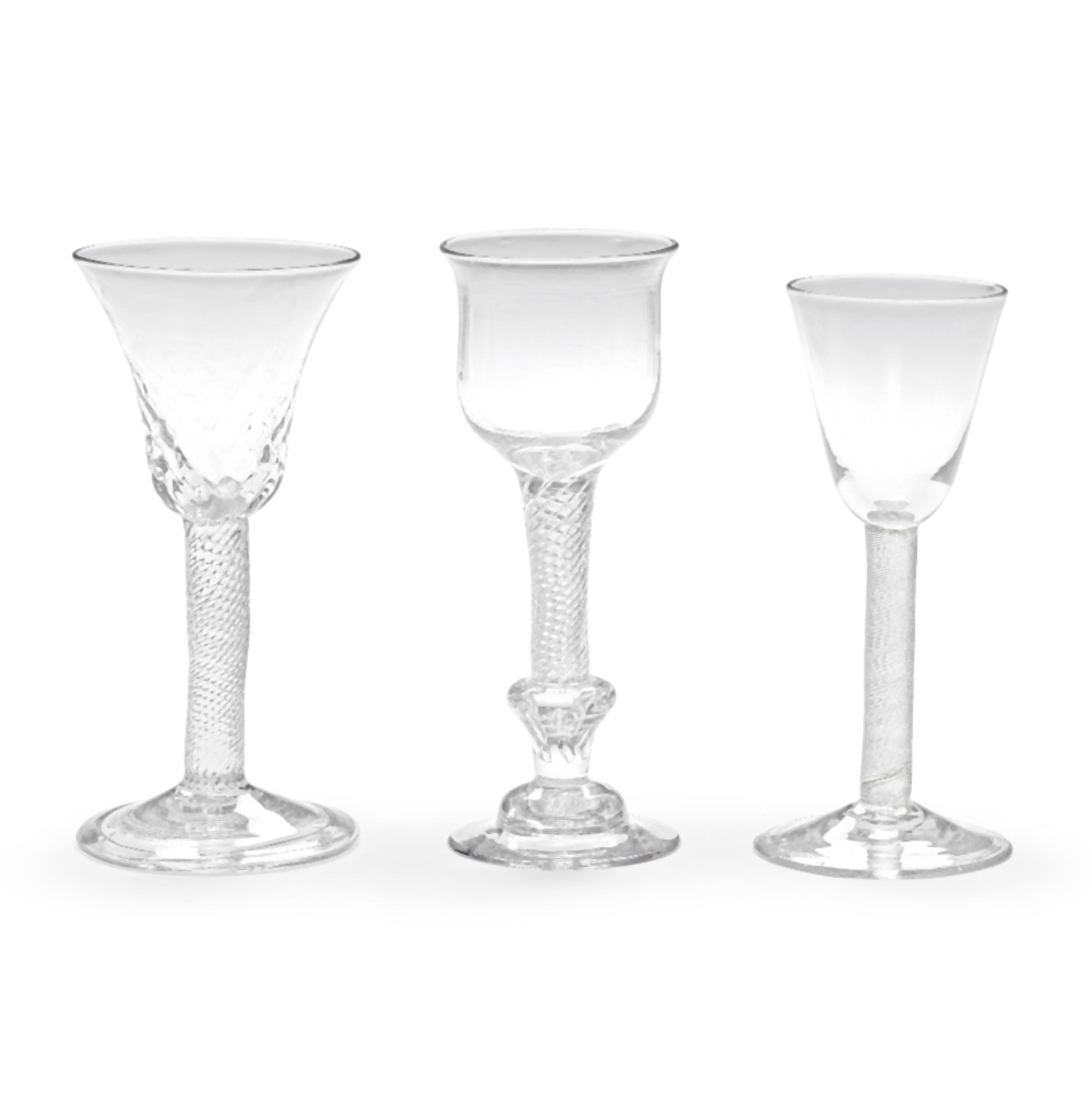 A composite stem wine glass and two incised twist wine glasses, circa 1750-65