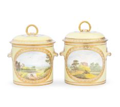 A rare pair of Derby preserve pots and covers by Thomas 'Jockey' Hill, circa 1796